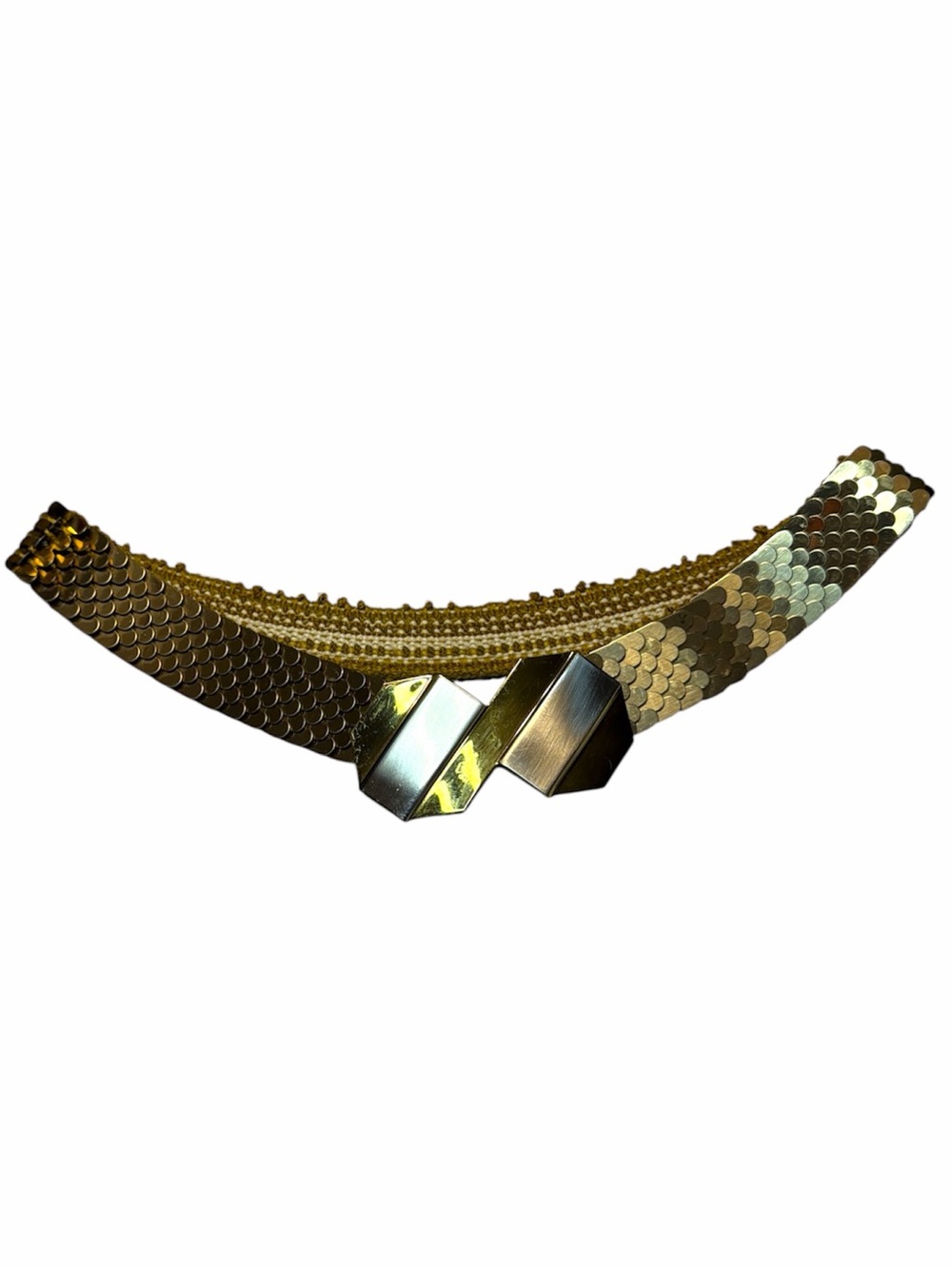 Vintage Gold Tone Metal Fish Scale Stretch Belt with Hexagon Two Tone Buckle